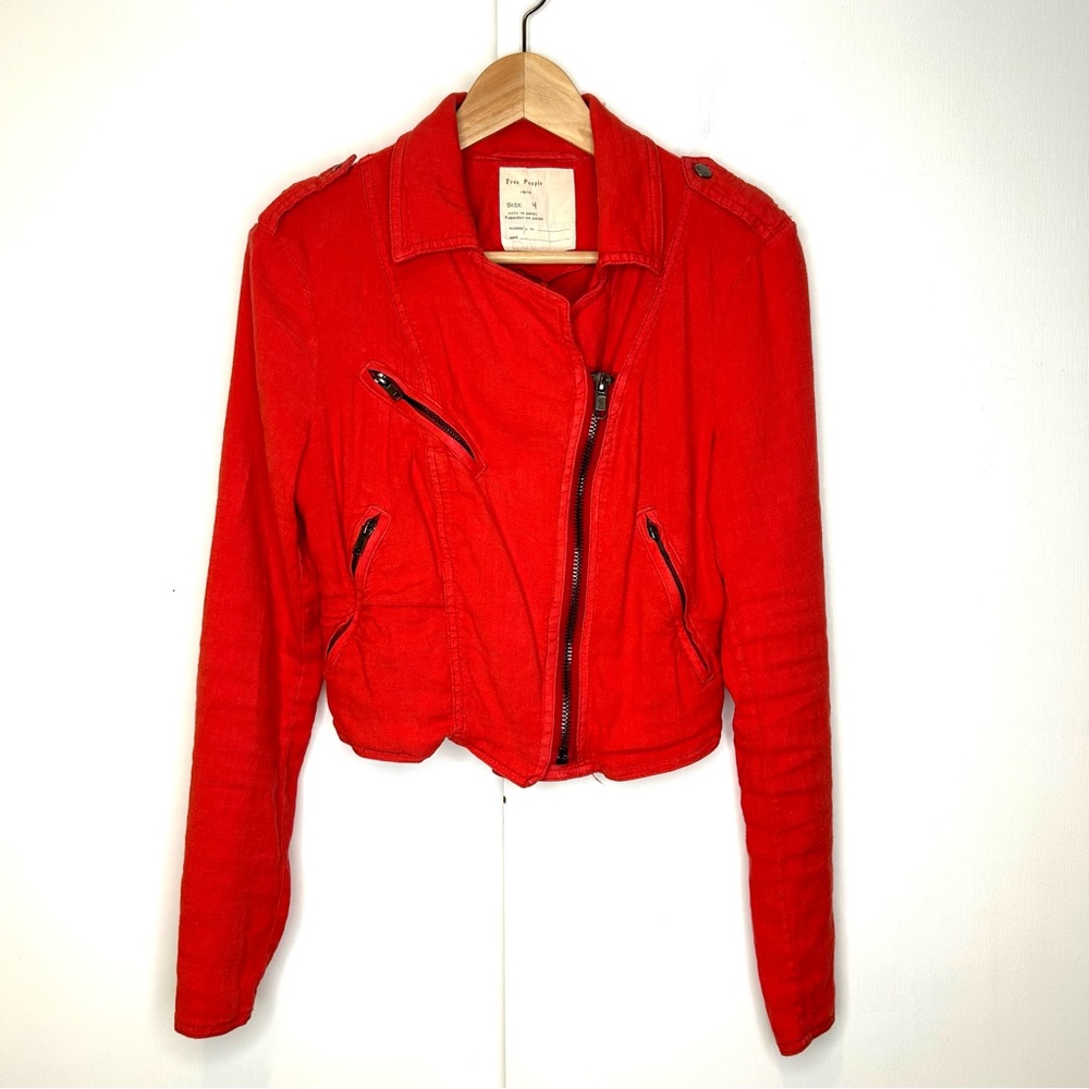 Free People Red Cropped Moto Jacket with Zip Details